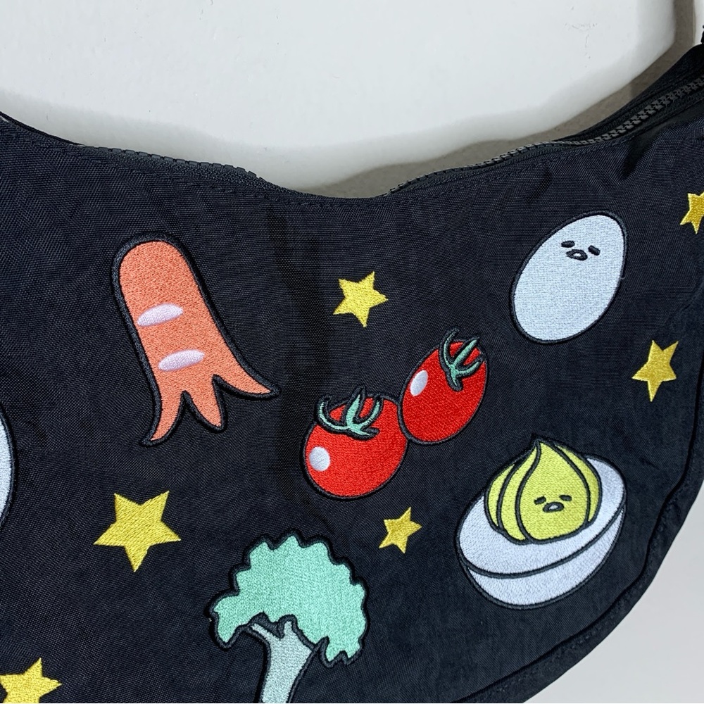 NEW BAGGU x Gudetama Medium Nylon Crescent Bag Embroidered Black Crossbody - Picture 5 of 12